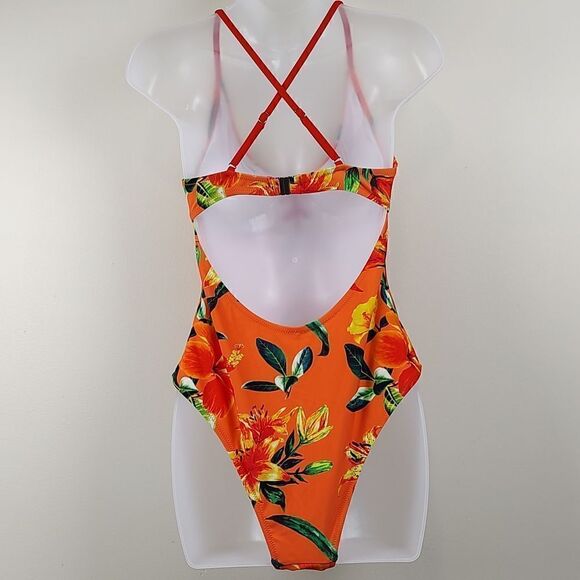 NWT Cupshe Tropical Orange Floral Lace Up One Piece Swimsuit Size L - Picture 8 of 12